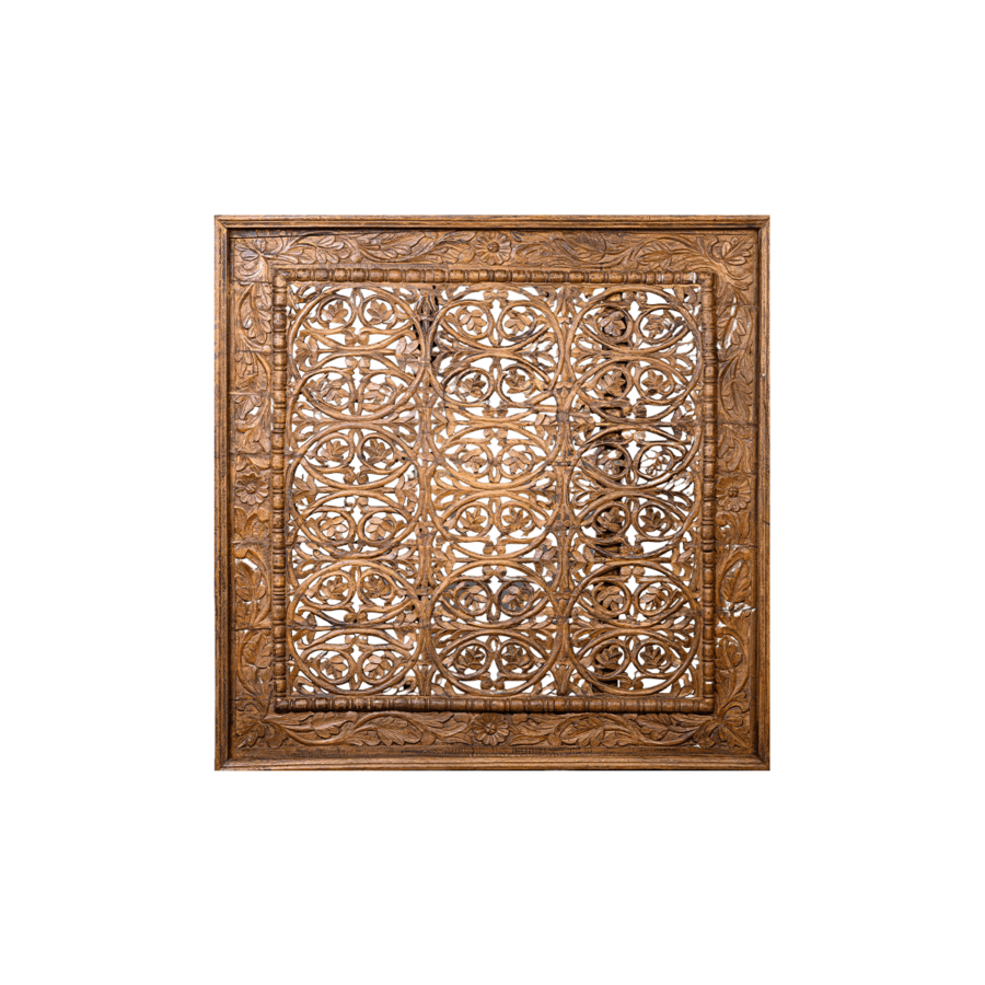 Vintage inspired real solid wood Jali wall panel | Hand carved lotus with mandala motifs from India