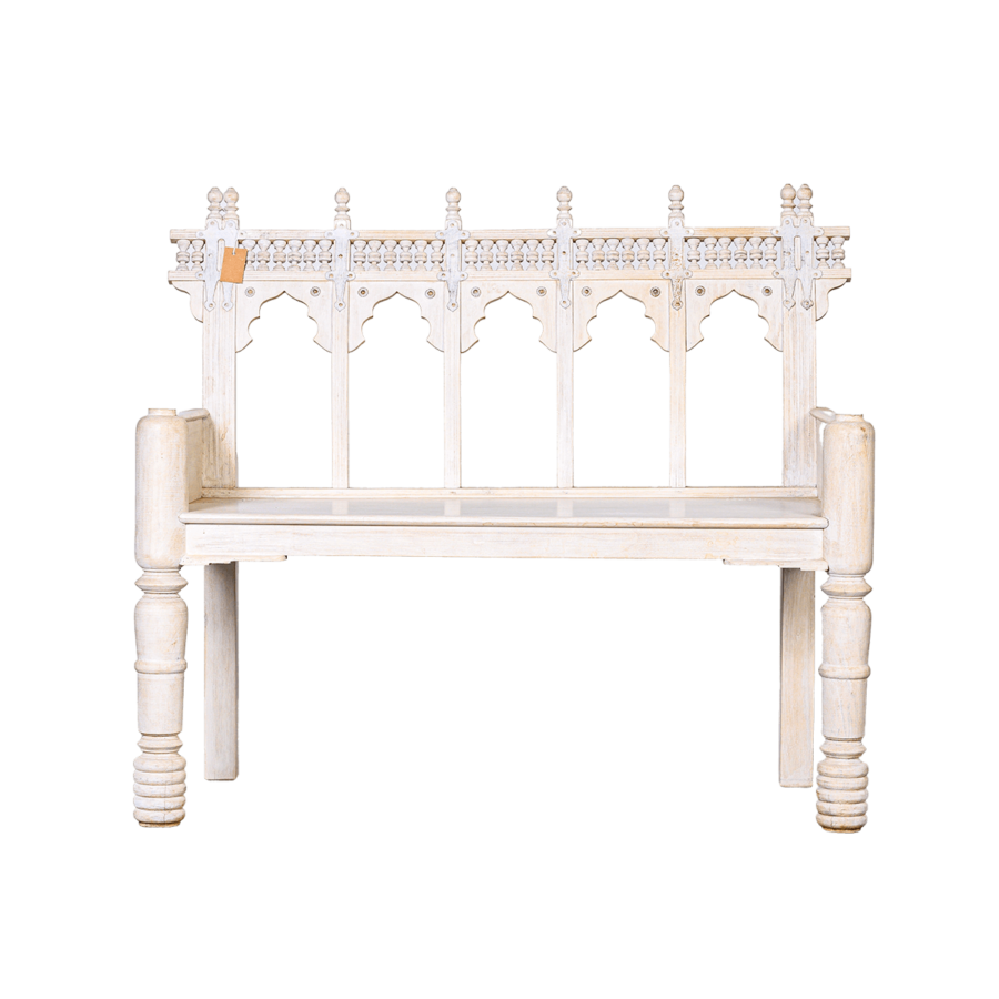 Indian carved bench converted from horse cart seat | Unique Oriental furniture made of solid wood