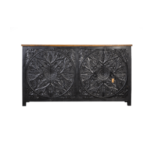 Anthracite mandala sideboard cabinet decorated with lotus and sunflowers | Made in India from mango wood