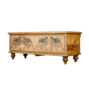 Genuine solid wood storage chest decorated with hand carved camel motif, India